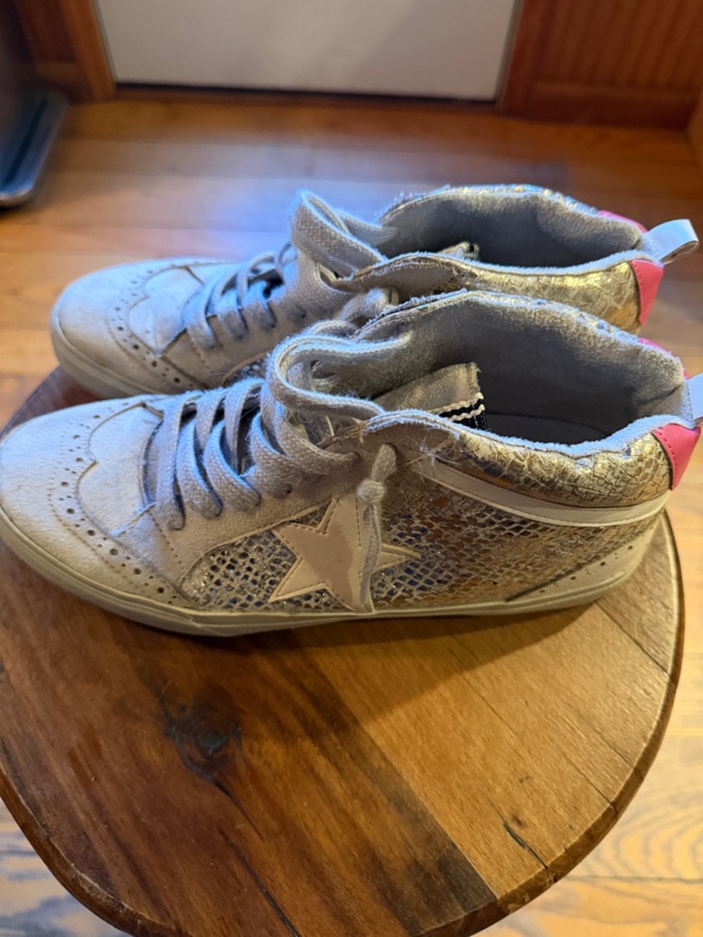 Women’s 8/half ShuShop Silver High-Top Sneakers with Pink Heel Accent